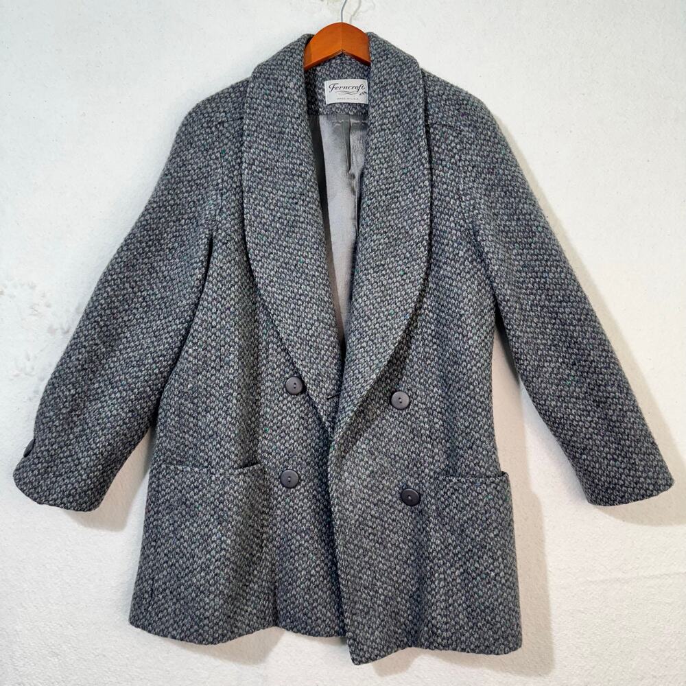 Ferncroft Grey Speckled Wool Tweed Double-Breasted Pea Coat Petite 12 VTG 80's